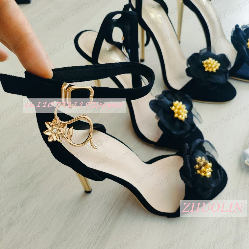 Kids Shoes Women - Schwarze Tüll-Blumen-Stiletto-Sandalen für Damen, offene Zehen,