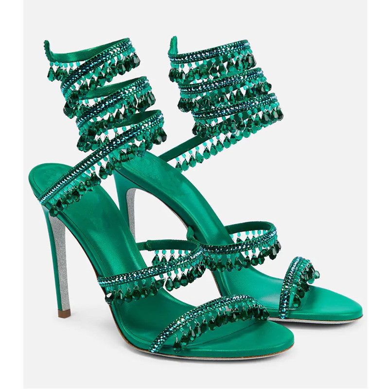 Peep Toe Heels - Sexy grüne Kristall-Fransen-Stiletto-Sandalen für Damen, runde