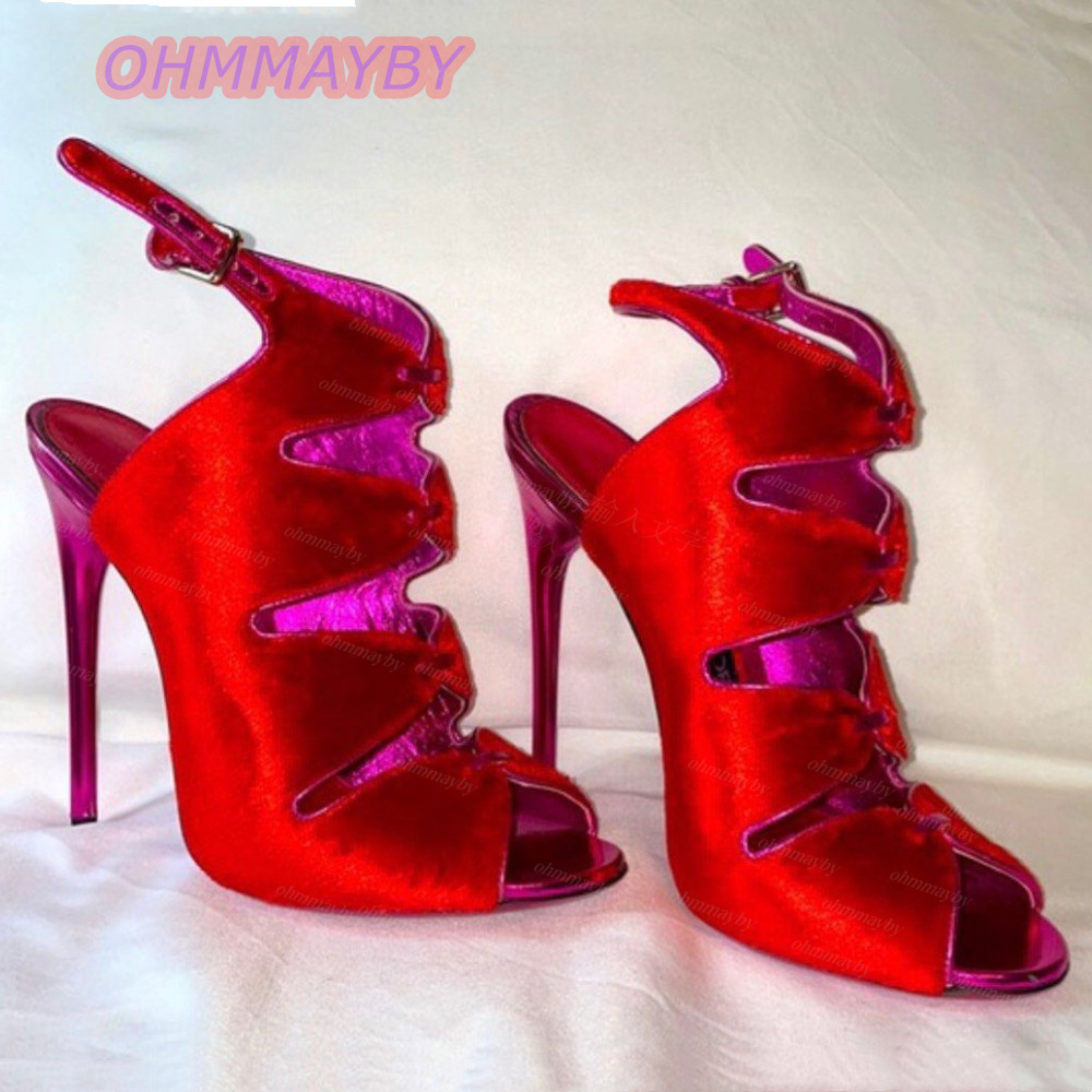 Kids Shoes Women - Damen Rote Samt Peeptoe-Sandalen mit Cut-Outs,