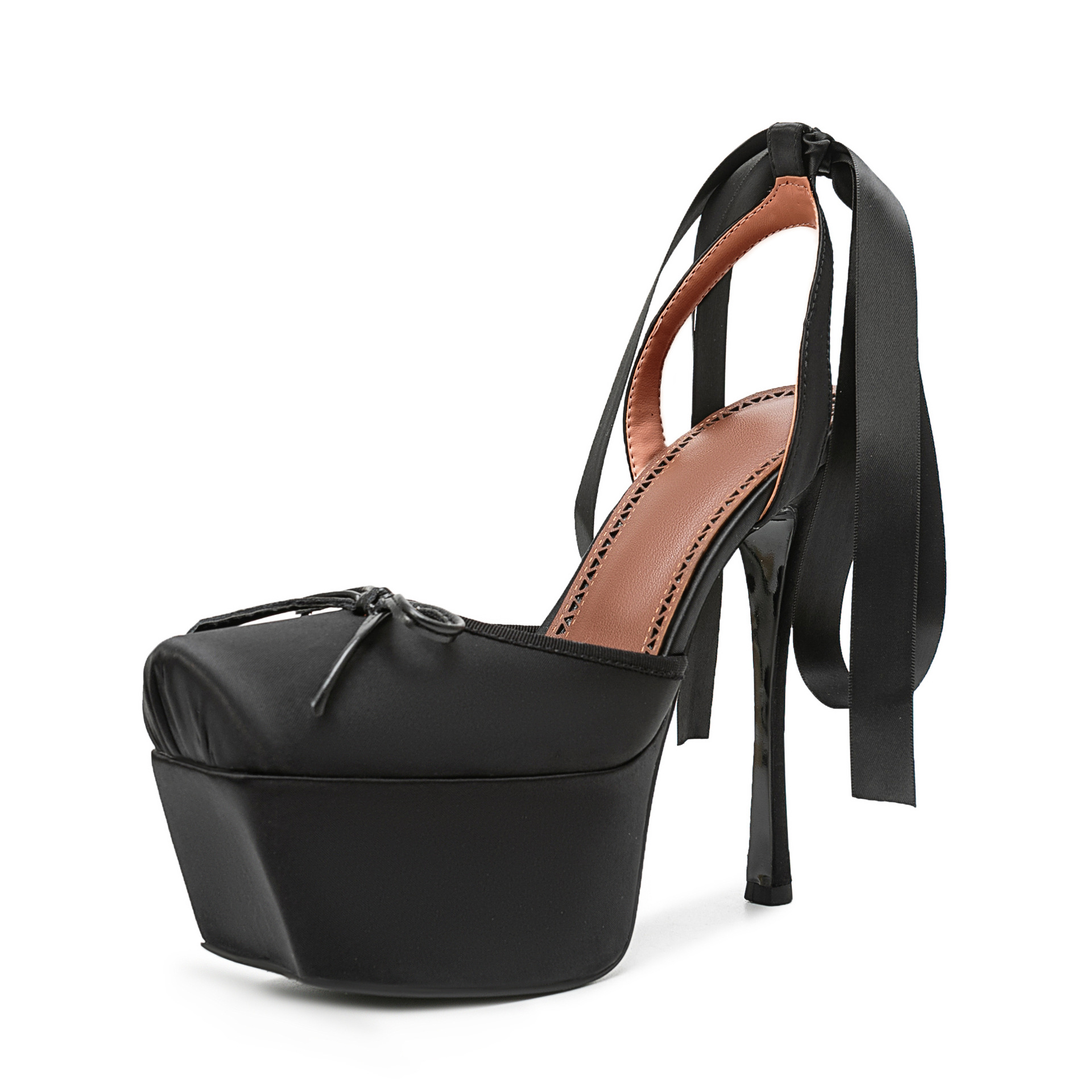 Ribbon Tie Heel - Damen-Satin-Plateau-Pumps mit eckiger Zehenpartie, Schleife, Rückenband