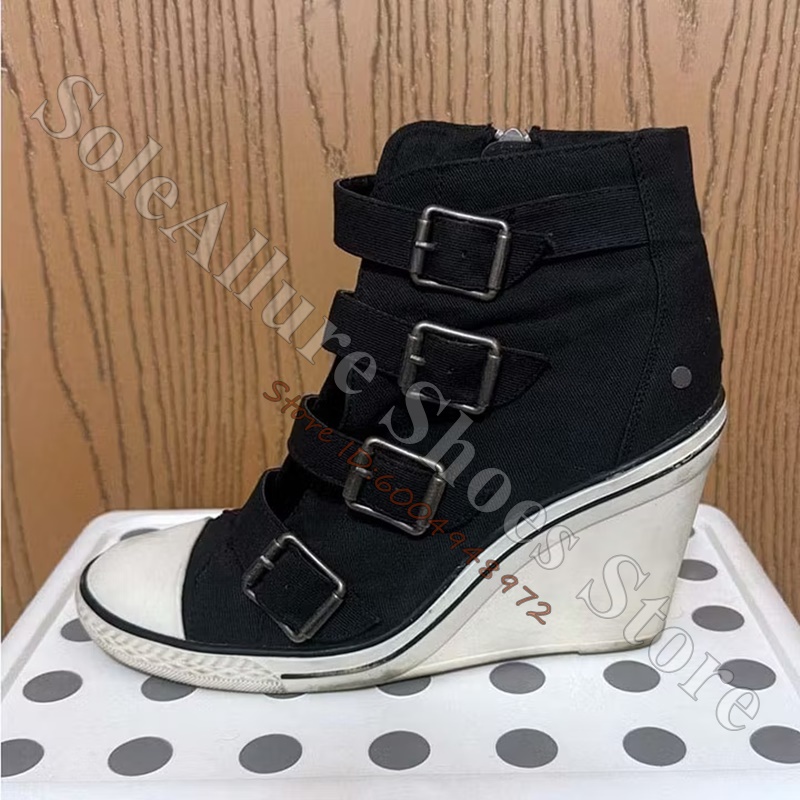 Women Shoes Store - Graue High-Top-Keilabsatz-Sneaker mit mehreren Schnallen, Vintage-Zehenkappe,